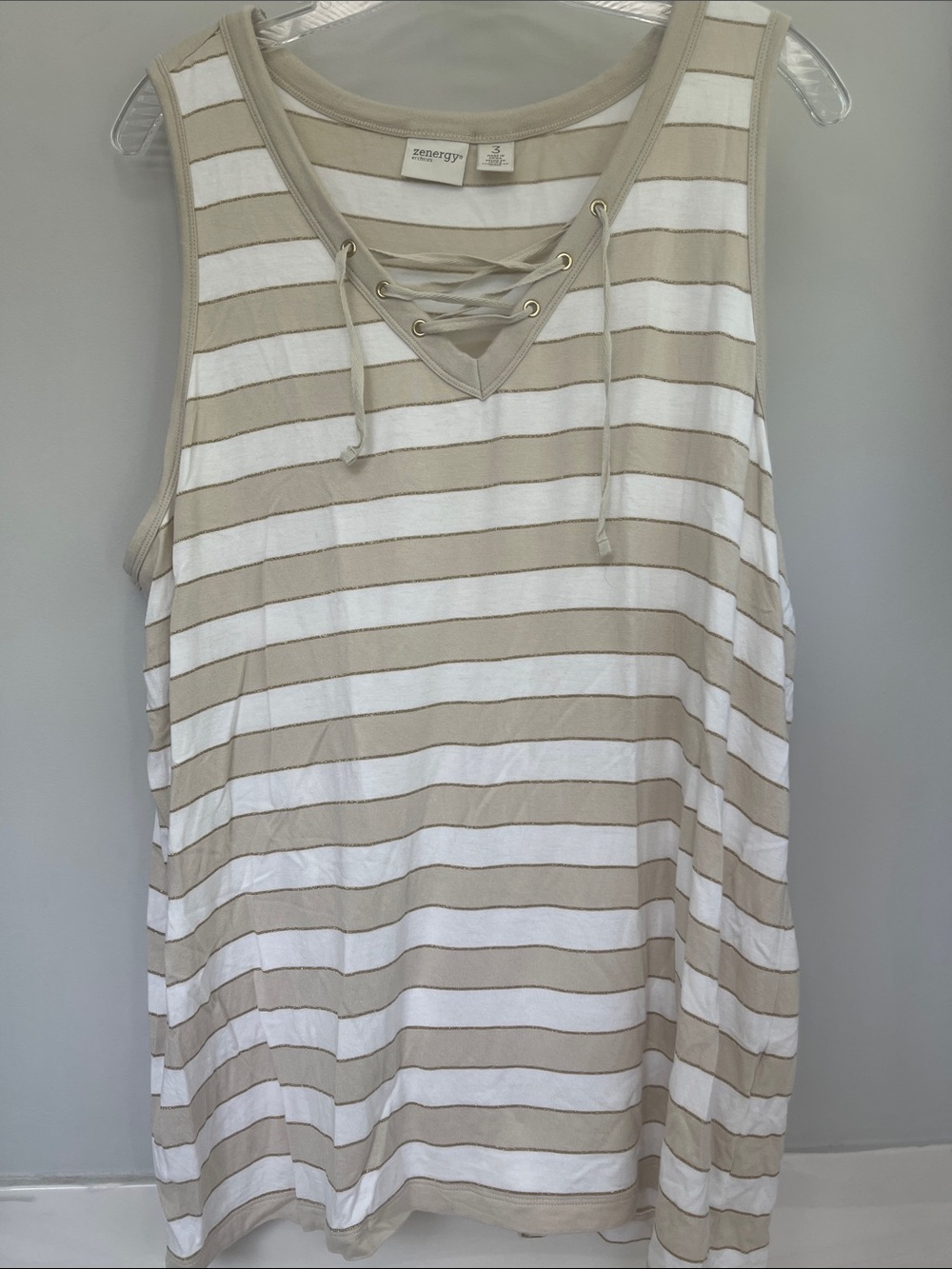 Chico's Zenergy Striped Lace-Up Tank Top in White and Beige